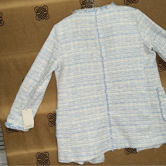 Zara NWT! Blue Kate Middleton Style Tweed Jacket In Light Blue Size L - Picture 12 of 16